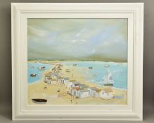 LUCY YOUNG (BRITISH CONTEMPORARY) 'MUCH ADO ABOUT NOTHING' coastal landscape with beach huts, signed