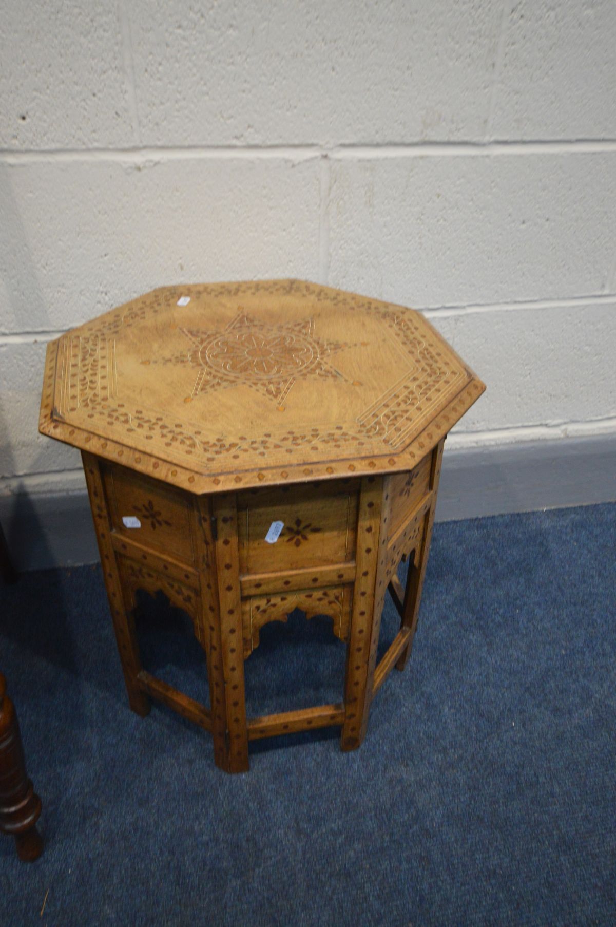 A 19TH CENTURY ANGLO INDIAN HARDWOOD AND INLAID OCTAGONAL FOLDING OCCASIONAL TABLE, along with two - Image 2 of 3