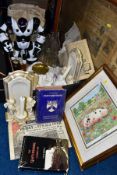 A BOX OF ASSORTED ITEMS, AN OLD FRAMED NEWSPAPER AND A PRINT, box includes vintage embroidered