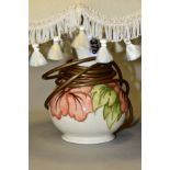 A MOORCROFT POTTERY BALUSTER TABLE LAMP, decorated with coral Hibiscus on a cream ground,