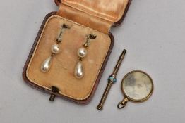 THREE ITEMS, to include a pair of simulated pearl drop earrings, with non pierced screw back