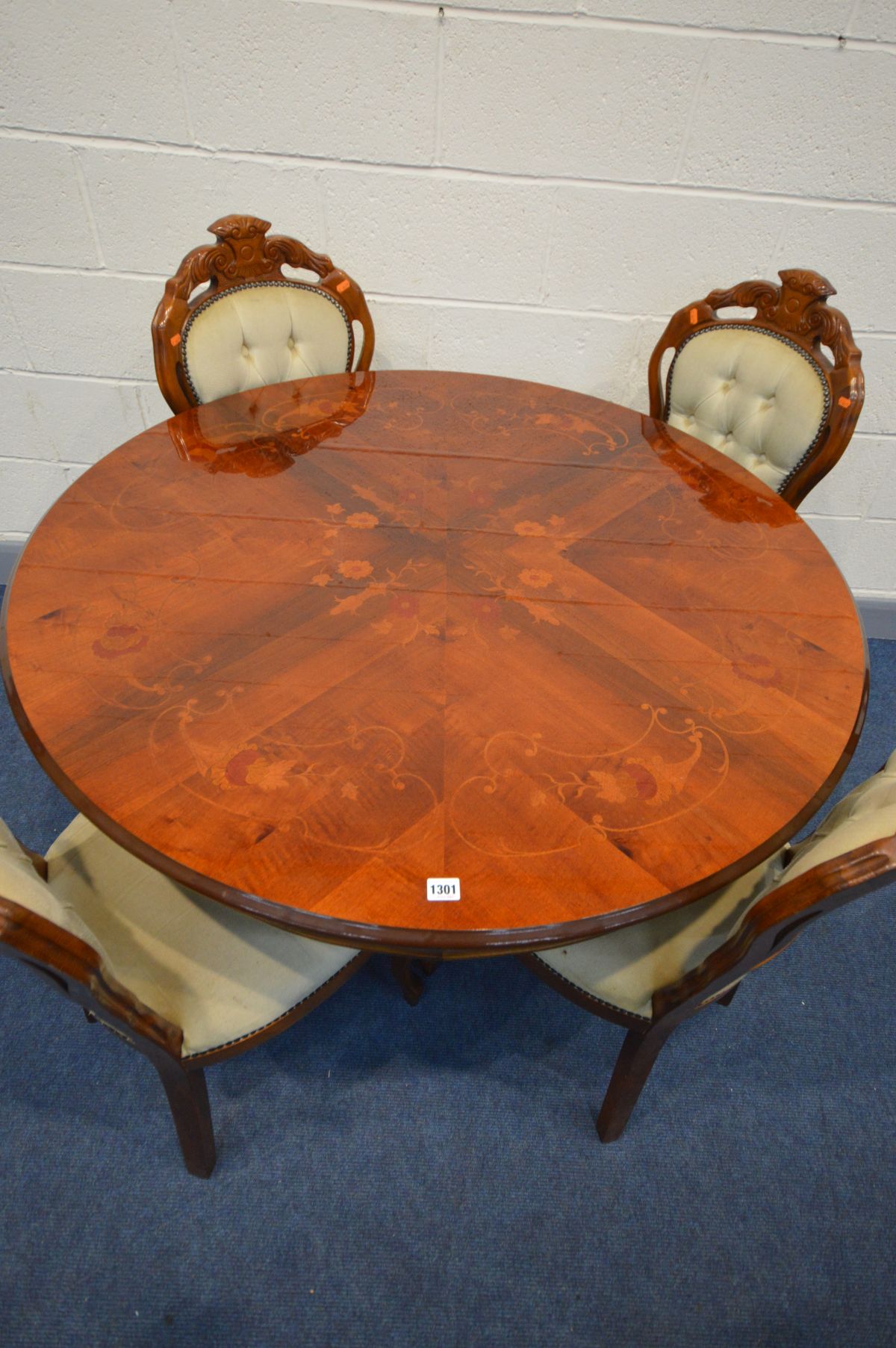 AN ITALIAN CIRCULAR DINING TABLE, diameter 119cm x height 78cm, and four chairs (all chairs rickety) - Image 2 of 3
