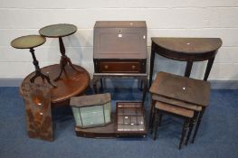 A COLLECTION OF MAHOGANY FURNITURE to include a small ladies bureau, demi lune table, nest of