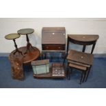 A COLLECTION OF MAHOGANY FURNITURE to include a small ladies bureau, demi lune table, nest of