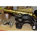TWO MODEL CANNONS AND A BOX OF METAL ITEMS, to include two boxed brass carriage lamps with fittings,