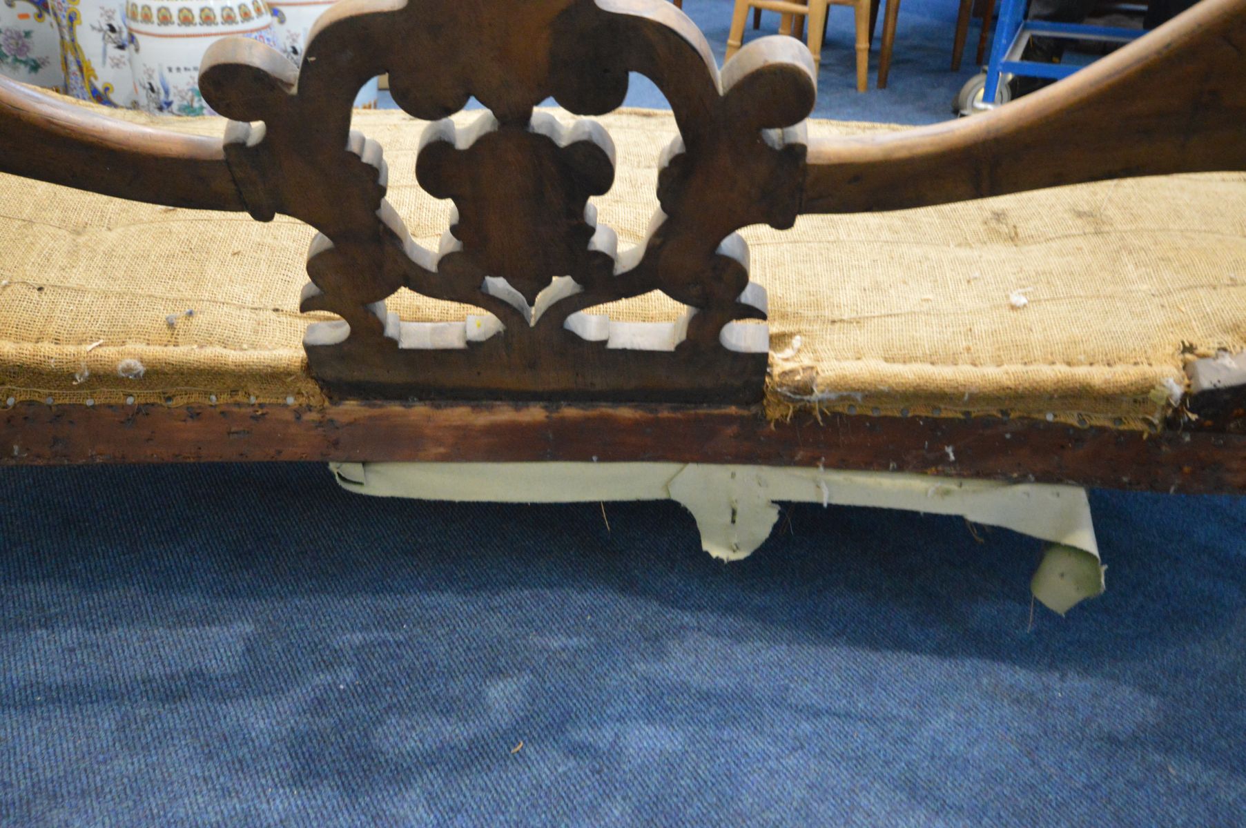 A VICTORIAN WALNUT OPEN DOUBLE BACK SOFA, the frame carved with foliate scrolls, shield centre - Image 13 of 13