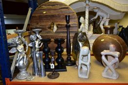 GROUP OF VASES, CANDLEHOLDERS AND HOME DECOR comprising three pairs of candlesticks of different