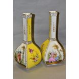 A PAIR OF EARLY 20TH CENTURY GERMAN PORCELAIN BOTTLE SHAPED VASES OF SQUARE FORM, glazed with