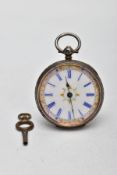 A LADIES OPEN FACED POCKET WATCH, round white dial, blue Roman numeral dials, gold floral detailing,