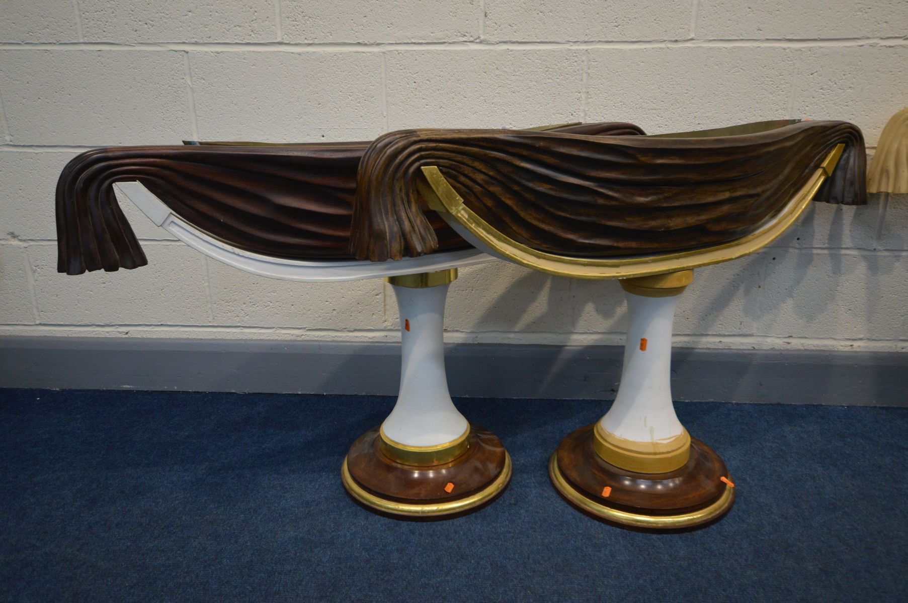 TWO PAIRS OF BESPOKE HAND CARVED PLANTERS, decorated as draped fabrics, on a cylindrical support, - Image 4 of 4