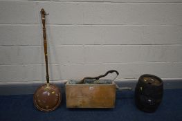 A VINTAGE WOODEN TOILET CISTERN, along with a small whiskey barrel, and a copper warming pan (3)