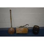 A VINTAGE WOODEN TOILET CISTERN, along with a small whiskey barrel, and a copper warming pan (3)