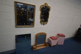 A FRENCH STYLE GILT FRAMED BEVELLED EDGE WALL MIRROR, 53cm x 96cm, another wall mirror, and a mirror