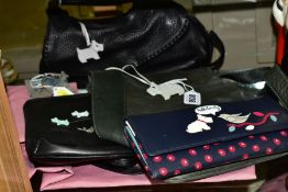 FIVE RADLEY ITEMS:- THREE HANDBAGS WITH DUSTBAGS, PURSE AND SPARE DOG POUCH, comprising dark olive