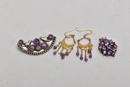 THREE ITEMS OF JEWELLERY, the first a semi circular brooch set with circular and pear shape amethyst
