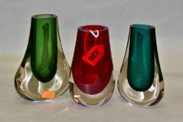 THREE WHITEFRIARS CASED GLASS VASES, comprising two ham bone vases in green, height 14.5cm and