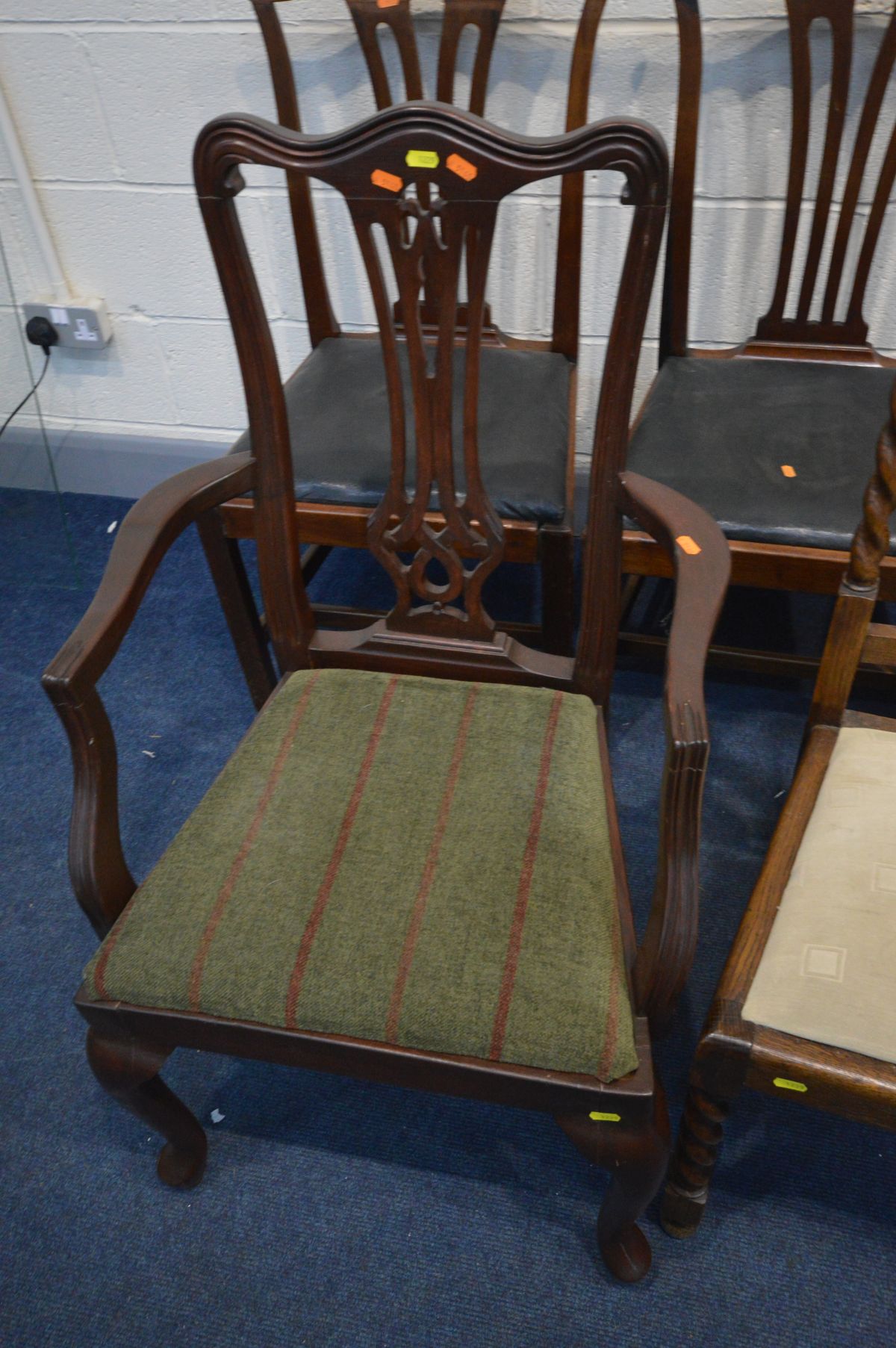 A COLLECTION OF VARIOUS CHAIRS comprising of a set of six mahogany dining chairs with black faux - Image 3 of 4