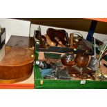 TWO BOXES OF TREEN AND METAL ITEMS, SEWING BOX AND WRITING SLOPE, to include a semi-circular