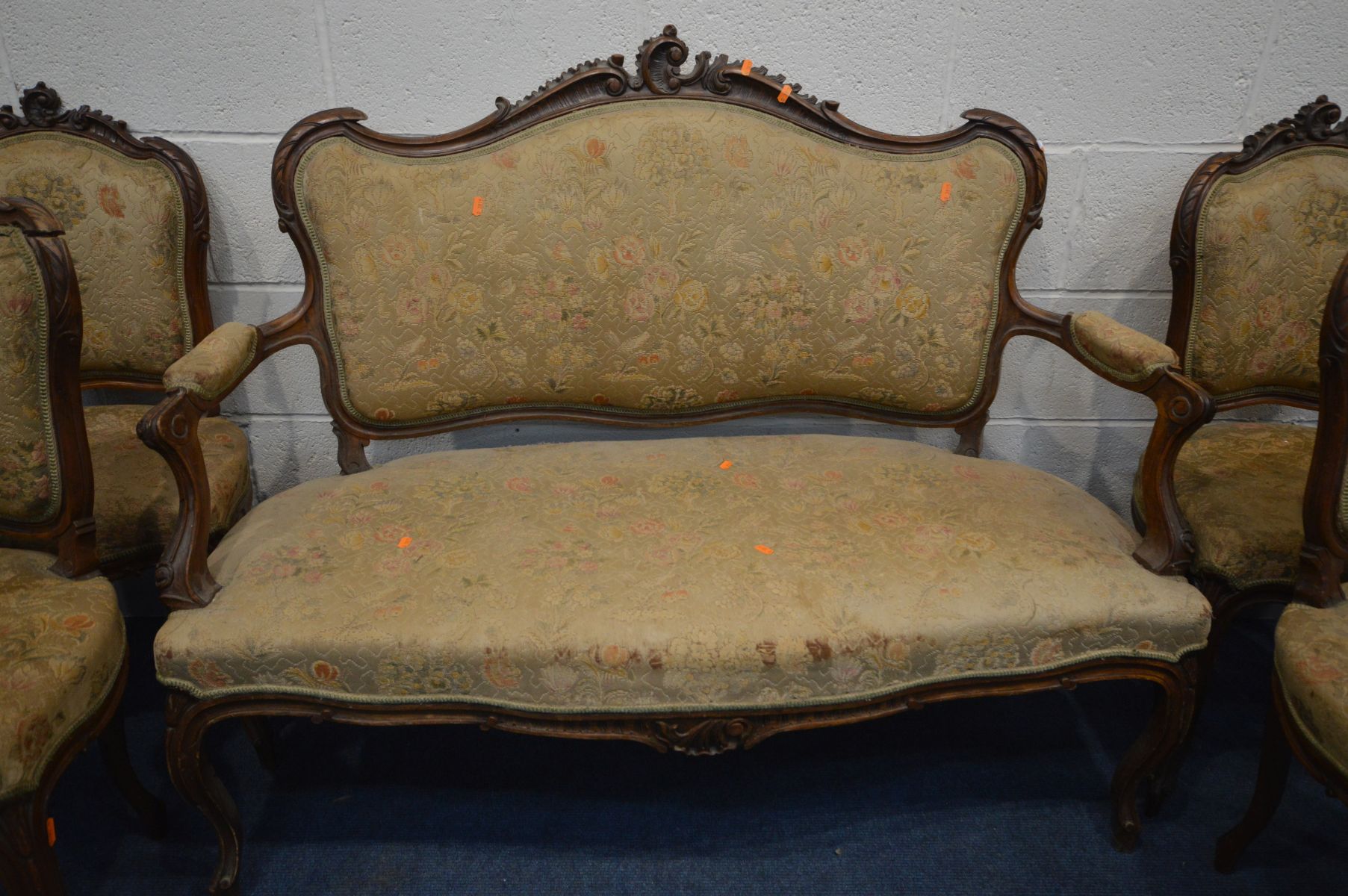 A LOUIS XV STYLE MAHOGANY SEVEN PIECE SALON SUITE, comprising a sofa with open armrests, pair of - Image 3 of 4