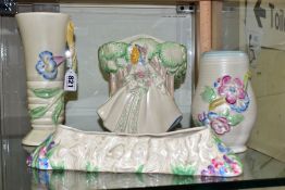 FOUR PIECES OF CLARICE CLIFF POTTERY, comprising a 'Lady Anne' wall pocket 19cm x 17cm (chip and