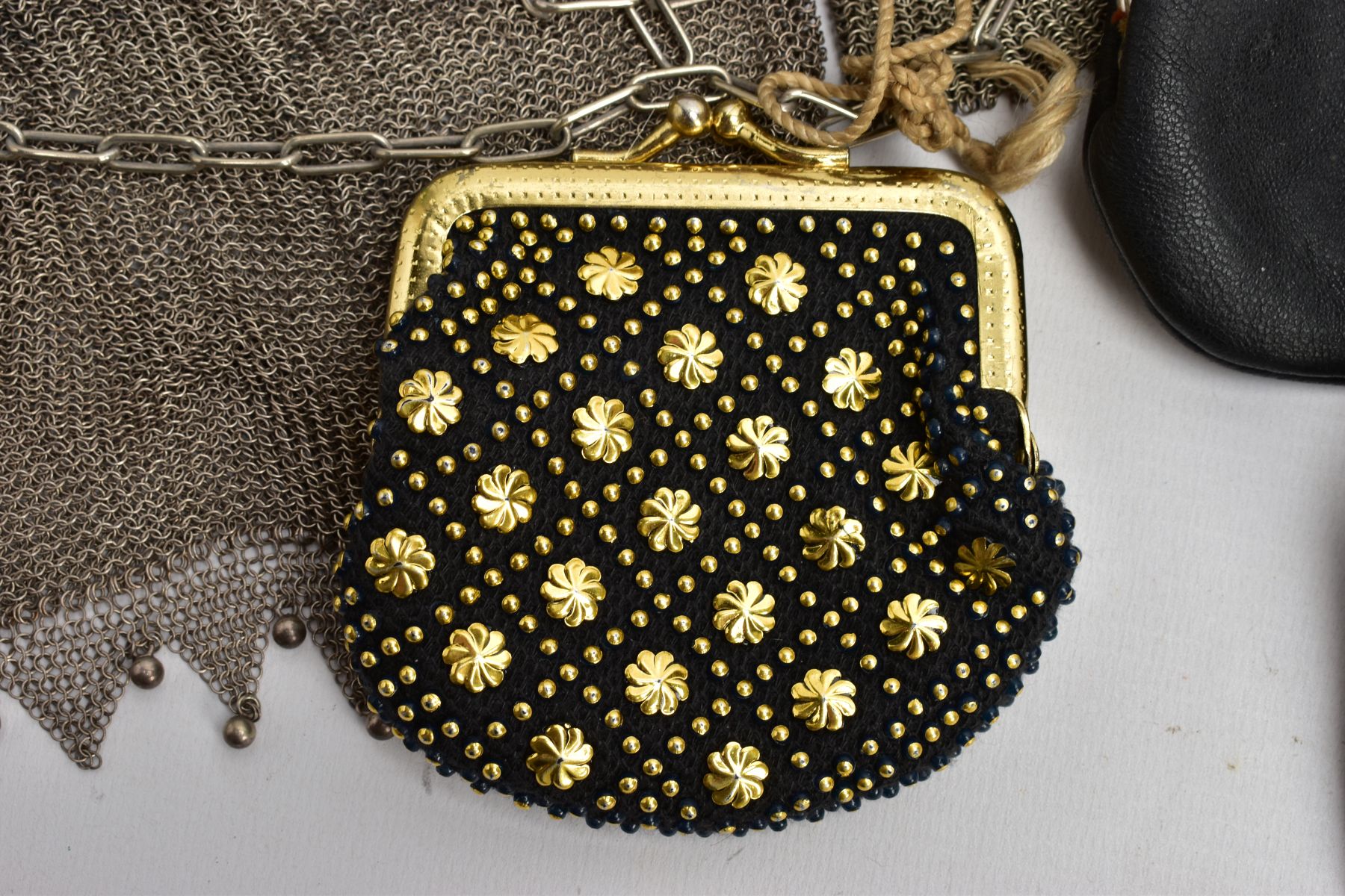 FOUR EVENING BAGS AND FIVE PURSES, to include a black and gold colour flower detailed bag fitted - Image 3 of 6