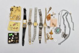 A SELECTION OF COSTUME JEWELLERY AND WATCHES, to include five wristwatches, various stud earrings,