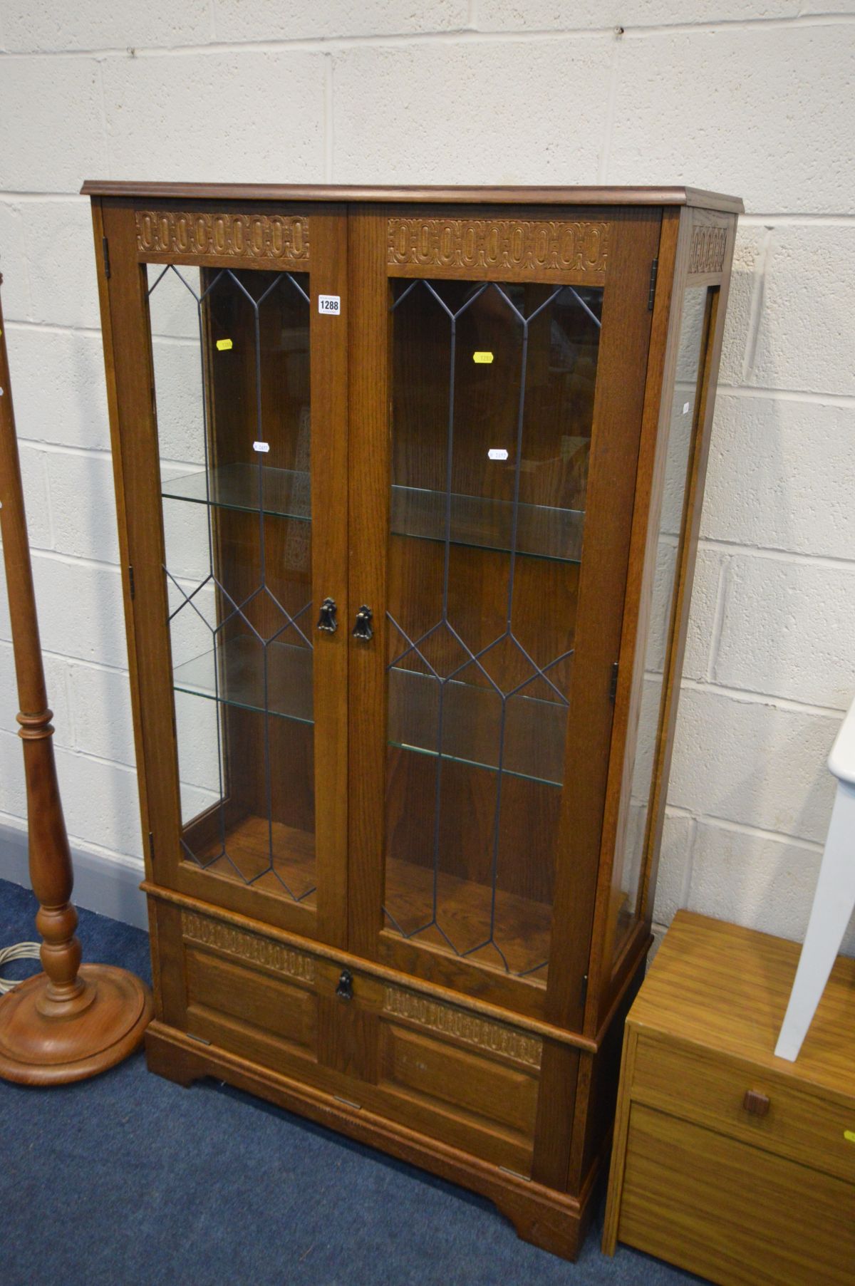 AN OAK TWO DOOR DISPLAY CABINET, width 84cm x depth 30cm x height 158cm and a teak effect cabinet, - Image 2 of 2