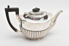 A LATE VICTORIAN SILVER TEAPOT, tapered stop reeding design to the body and spout, ebonised handle