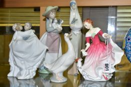 FIVE FIGURINES, comprising Nao goose, Royal Doulton 'My Best Friend' HN3011, Nao bride and groom,