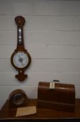 A VICTORIAN WALNUT WHEEL BAROMETER, height 102cm (replacement mercury, box and service date from