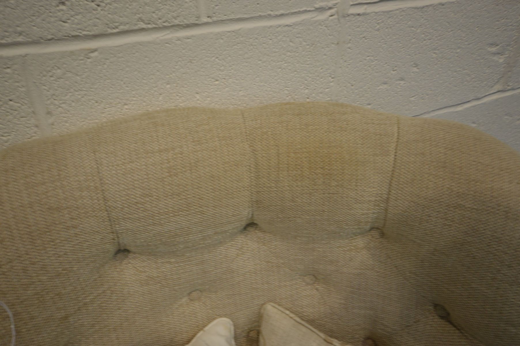 A NEAR PAIR PLUMBS CREAM UPHOLSTERED BUTTON BACK ARMCHAIRS, one chair with a sprung back to base, - Image 3 of 3