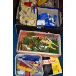 BOX OF TOYS, LARGE BRASS PLANTER AND DECORATIVE METAL PLATE, plate features two leaping big cats,