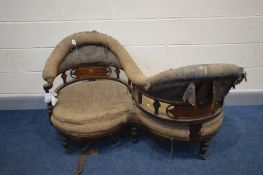 A GEORGIAN MAHOGANY AND MARQUESTRY INLAID CONVERSATION SOFA, with open panels, scrolled armrests and