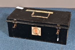 A RECTANGULAR TIN DEED BOX, with twin drop handles and various travel labels, width 76cm x depth