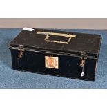 A RECTANGULAR TIN DEED BOX, with twin drop handles and various travel labels, width 76cm x depth