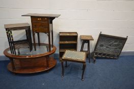 A QUANTITY OF OCCASIONAL FURNITURE, to include a drop leaf lamp table with three drawers, mahogany