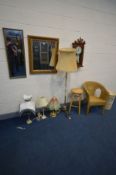 A QUANTITY OF OCCASIONAL FURNITURE, to include two wall mirrors, modern wall clock, standard lamp