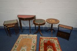 A QUANTITY OF OCCASSIONAL FURNITURE comprising a nest of three tables, red leather inlaid hall