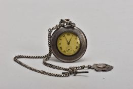 A SILVER OPEN FACE POCKET WATCH WITH AN ALBERT CHAIN AND A FOB MEDAL, round engine turned design