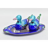 A MODERN KOREAN CLOISONNE ENAMELLED CRUET SET ON TRAY, in the form of two ducks wearing bowties, the