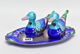 A MODERN KOREAN CLOISONNE ENAMELLED CRUET SET ON TRAY, in the form of two ducks wearing bowties, the