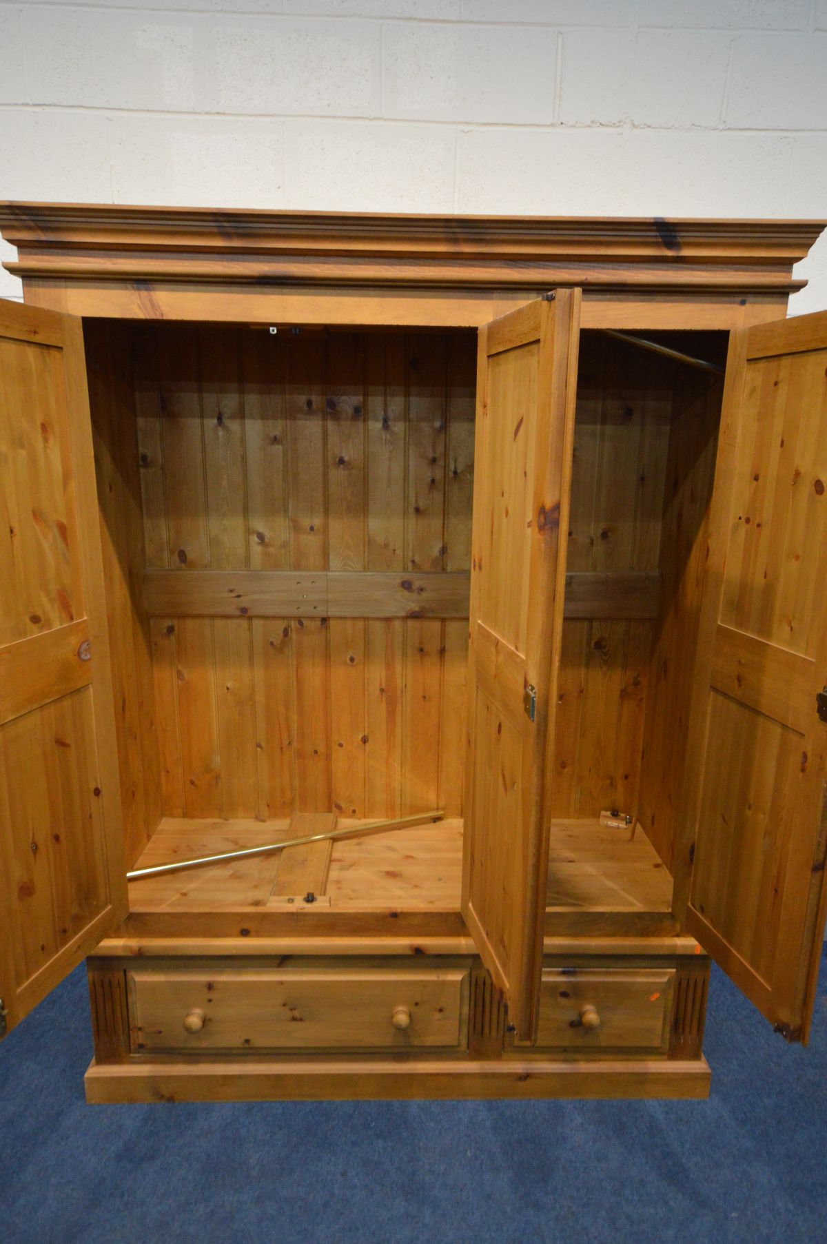A PINE PANELLED THREE DOOR WARDROBE, with two drawers, width 161cm x 63cm x height 204cm (two keys) - Image 2 of 2