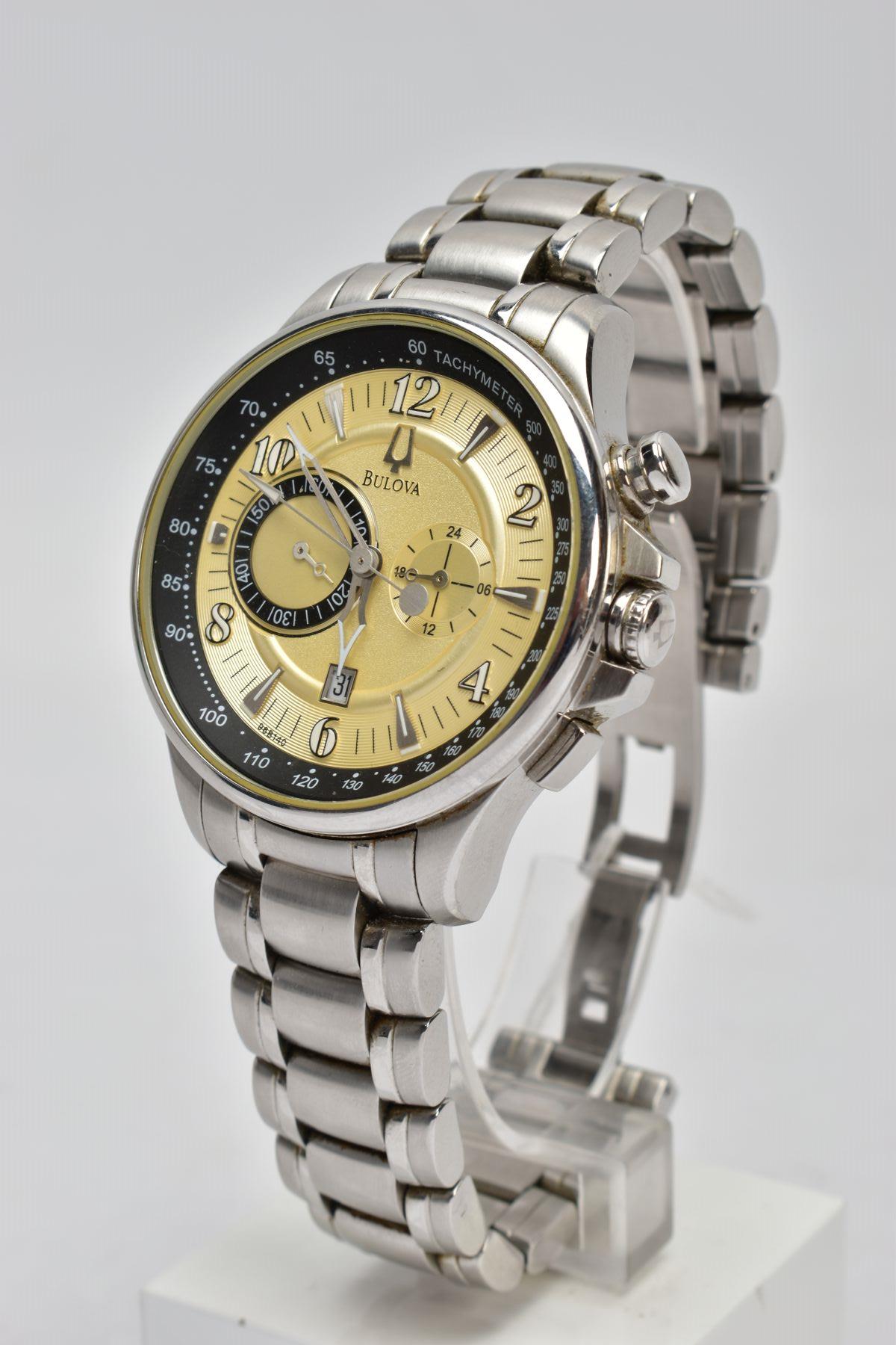A GENTS 'BULOVA' CHRONOGRAPH WRISTWATCH, round gold dial signed 'Bulova', Arabic numerals and - Image 2 of 4