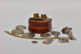 A BAG OF ASSORTED COINS AND ITEMS, to include a 1972 and a 1921 'One Dollar' coins, an 1883 three