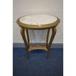 A 20TH CENTURY OVAL GILTWOOD OCCASSIONAL TABLE with a marble insert, on four splayed supports united