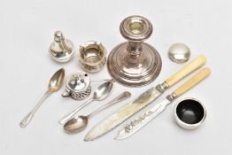 A BOX OF ASSORTED SILVER AND WHITE METAL ITEMS, to include a silver baluster shaped pepperette