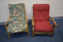 A MID 20TH CENTURY TEAK OPEN ARMCHAIR, and an 1940's oak open armchair (the retro chair does not