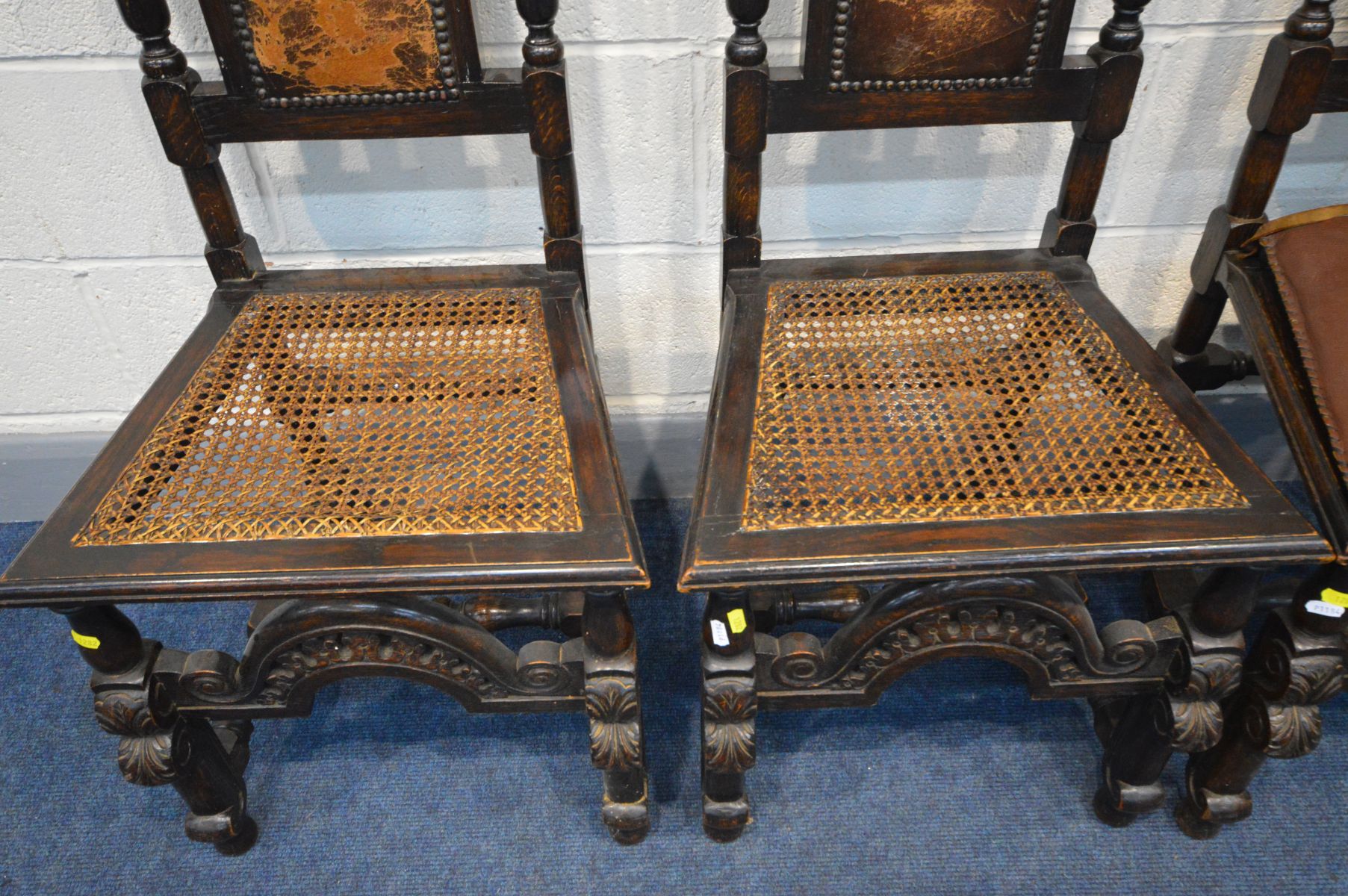 A SET OF FOUR CARVED OAK BAROQUE STYLE CHAIRS with embossed leather back and bergère seat, with - Image 3 of 3
