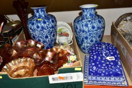 A BOX OF CERAMICS AND GLASSWARE, THREE VASES AND CHEESE DISH, to include seven pieces of Carnival