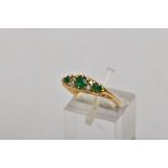 A YELLOW METAL, EMERALD AND DIAMOND RING, designed with a central circular cut emerald, flanked with